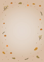 Autumn Theme Greeting Card Template. Fall Leaves and Tiny Pumpkins Background Art. Vector Illustration.