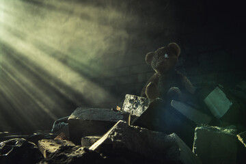 Aged Teddy Bear Inside Abandoned House Ruins Brighten Up by Sun Rays