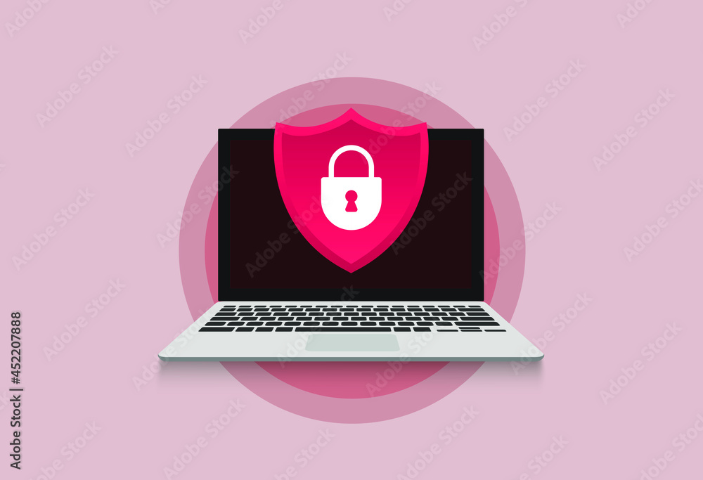 Aufkleber computer security, protect your laptop concepts. notebook and shield icon with padlock. flat design 