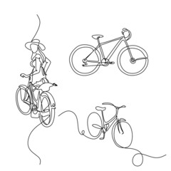 Continuous line, bicycle travel suitable for holiday. Drawing of set Exercise. 