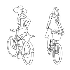 Continuous line, bicycle travel suitable for holiday. Drawing of set Exercise. 