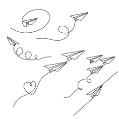 One line drawing of paper airplane. Concept of plane flying symbol of creativity and freedom.