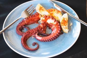 Pulpo Gallego -  whole galician octopus. Cooked octopus served with potatoes and paprika - 452208218