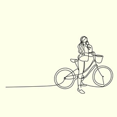 City bicycle with front basket in continuous line art drawing style. Black linear sketch isolated on white background. Vector illustration
