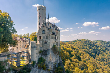 Lichtenstein Castle (Schloss Lichtenstein), a palace built in Gothic Revival style overlooking the...