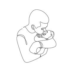 One line drawing. Father holds his happy son . Vector illustration