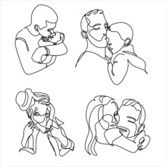 One line drawing. Father holds his happy son . Vector illustration