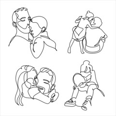 One line drawing. Father holds his happy son . Vector illustration