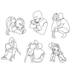 One line drawing. Father holds his happy son . Vector illustration