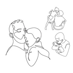 One line drawing. Father holds his happy son . Vector illustration