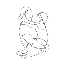 One line drawing. Father holds his happy son . Vector illustration