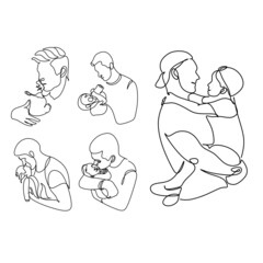 Obraz premium One line drawing. Father holds his happy son . Vector illustration
