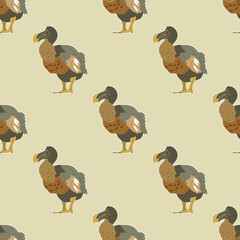 Seamless geometrical pattern with silhouettes of extinct bird Dodo. (Raphus cucullatus). Flat cartoon style. On light yellow background. © Olena