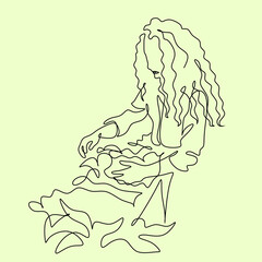 Woman Farmers or Gardeners Planting and Caring of Tree Sprout and Pick Apple Harvest. Line Art Vector Minimalist Harvesting Ripe Fruits in Summer Garden. 
