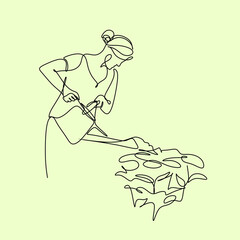 Woman Farmers or Gardeners Planting and Caring of Tree Sprout and Pick Apple Harvest. Line Art Vector Minimalist Harvesting Ripe Fruits in Summer Garden. 
