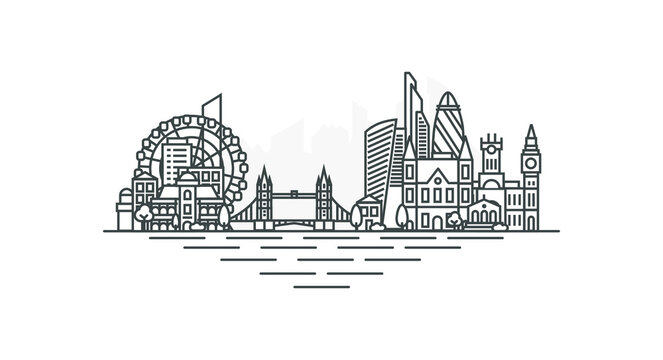 City of London, United Kingdom architecture line skyline illustration. Linear vector cityscape with famous landmarks, city sights, design icons, with editable strokes isolated on white background.