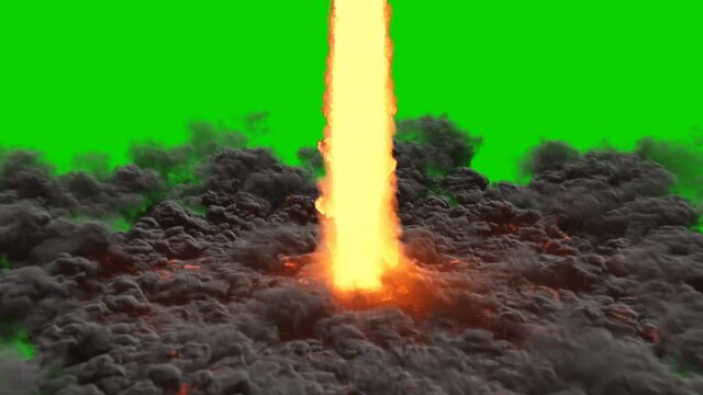 Animated flaming fire and smoke, as if from a rocket or jet engine. A rocket or similar fuel burns, emitting smoke. Animation on an isolated green screen background.