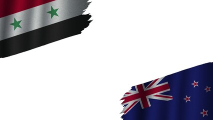 New Zealand and Syria Flags Together, Wavy Fabric Texture Effect, Obsolete Torn Weathered, Crisis Concept, 3D Illustration