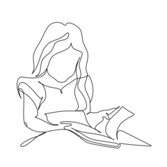 Girl reading book. Back to school concept. Continuous line drawing. Vector illustration on white background
