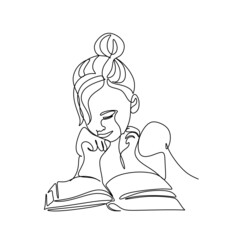 Girl reading book. Back to school concept. Continuous line drawing. Vector illustration on white background
