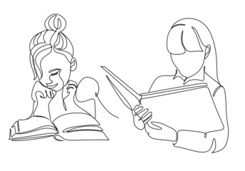 Girl reading book. Back to school concept. Continuous line drawing. Vector illustration on white background
