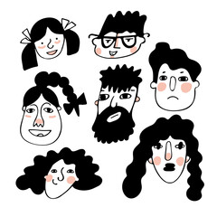Mono color line funny face of people with different genders and ages, emotions and moods in doodle freehand style. 