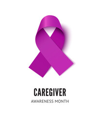 Caregiver awareness ribbon vector. Realistic purple silk ribbon isolated on white background