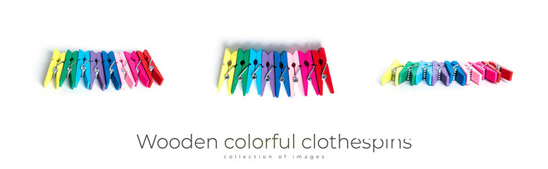 Wooden colorful clothespins isolated on a white background.