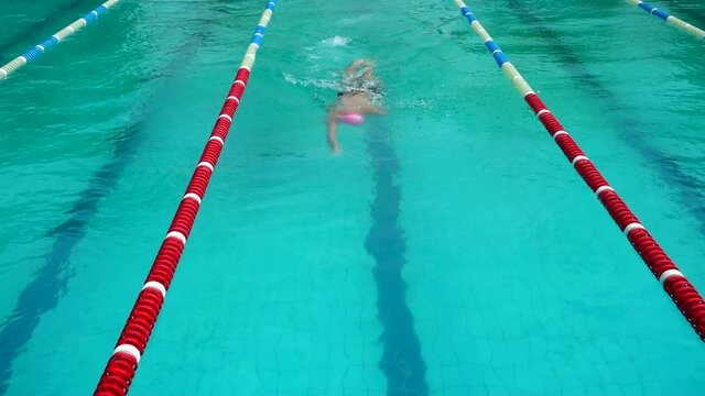 Swimming pool training. Athletes practice swimming technique. Slow motion.