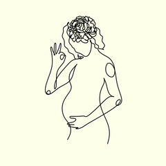 Pregnant woman one line drawing on white isolated background. Vector illustration	