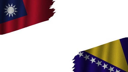 Bosnia and Herzegovina and Taiwan Flags Together, Wavy Fabric Texture Effect, Obsolete Torn Weathered, Crisis Concept, 3D Illustration