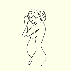 Pregnant woman one line drawing on white isolated background. Vector illustration	