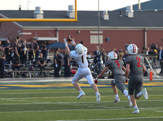 A pass is caught for a touchdown in a high school football game. © Ron Alvey