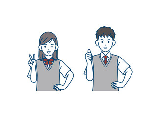 ピースをする　親指を立てる学生　中高生　高校生　中学生　男女　イラスト素材