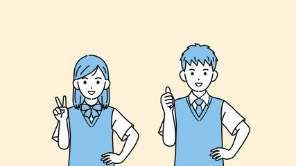 ピースをする　親指を立てる学生　中高生　高校生　中学生　男女　イラスト素材