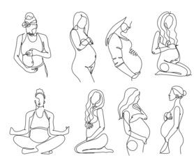 Pregnant woman one line drawing on white isolated background. Vector illustration	