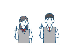 上に指を立てる学生　アイデア　説明　中高生　高校生　中学生　男女　イラスト素材