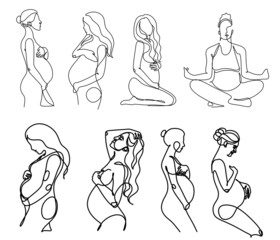 Pregnant woman one line drawing on white isolated background. Vector illustration	