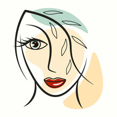 Line art portrait of a brooding girl. Bright lips, expressive eyes, kind look. Abstract portrait of a woman in gentle colors. Illustration for decor, prints for clothes, interior design. Vector trends