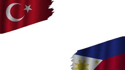 Philippines and Turkey Turkish Flags Together, Wavy Fabric Texture Effect, Obsolete Torn Weathered, Crisis Concept, 3D Illustration