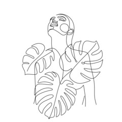 Monstera leaf with woman face  line art style. Minimalist female portrait one line art drawing tropical palm vector illustration isolated. Simple con for spa salon or organic cosmetics