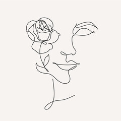 Flower face woman line drawing. Modern continuous line art. Women line art. Beauty salon logo. Coloring book. Botanical print. Nature symbol of cosmetics. Fashion logo.