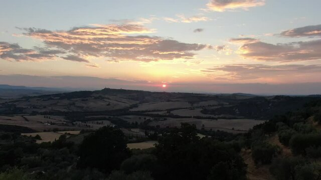 Fields in Tuscany at sunset, Italy, Europe (aerial view)