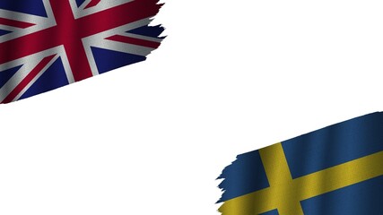 Sweden and United Kingdom British Flags Together, Wavy Fabric Texture Effect, Obsolete Torn Weathered, Crisis Concept, 3D Illustration