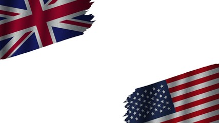 United States of America and United Kingdom British Flags Together, Wavy Fabric Texture Effect, Obsolete Torn Weathered, Crisis Concept, 3D Illustration
