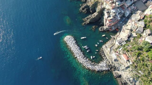 Aerial view of Riomaggiore village, part of Cinque Terre, Italy, Europe