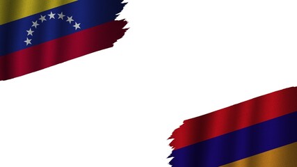 Armenia and Venezuela Flags Together, Wavy Fabric Texture Effect, Obsolete Torn Weathered, Crisis Concept, 3D Illustration