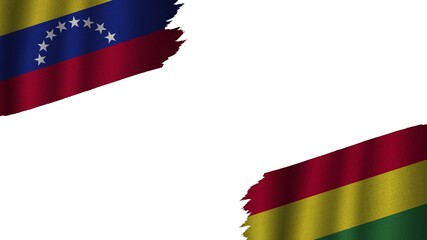Bolivia and Venezuela Flags Together, Wavy Fabric Texture Effect, Obsolete Torn Weathered, Crisis Concept, 3D Illustration