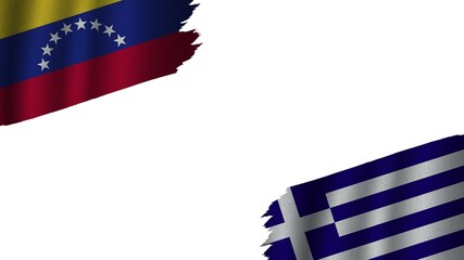 Greece and Venezuela Flags Together, Wavy Fabric Texture Effect, Obsolete Torn Weathered, Crisis Concept, 3D Illustration