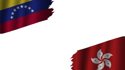 Hong Kong and Venezuela Flags Together, Wavy Fabric Texture Effect, Obsolete Torn Weathered, Crisis Concept, 3D Illustration